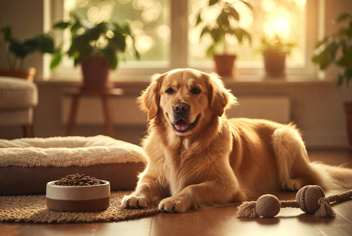 Golden retriever lying on a wooden floor with a bowl of food and a rope toy nearby, in a home setting.